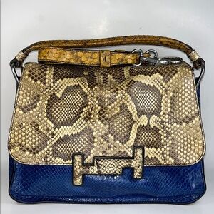 Authentic TOD’S Double T Handle Bag ~ in Brown & Blue Exotic Python